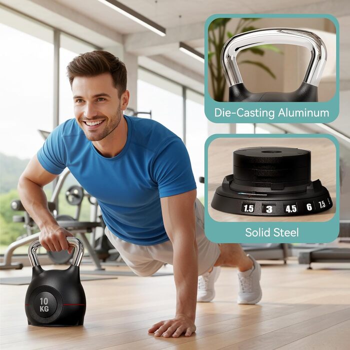 Кетлбел регульований 7-в-1, 10 кг, для дому, чорний | Набір гантелей-кетлбелів для фітнесу | Спортивне обладнання для дому