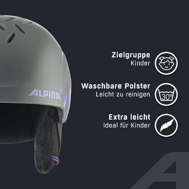 Дитячий гірськолижний шолом ALPINA PIZI з регулюванням розміру та знімними накладками на вуха, S (46-51 см), midnight-grey leo matt