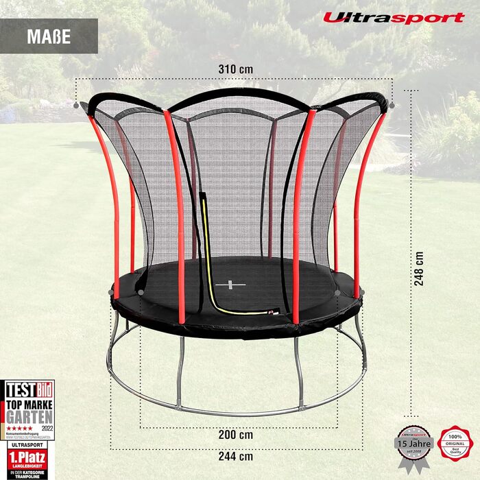 Батут для дітей Ultrasport Uni-Jump 244 см з захисною сіткою, TÜV Rheinland сертифікат, комплект: пружини, мат, м'які стійки, обід, для саду