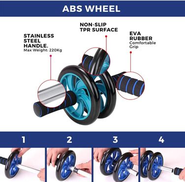 Ролик для пресу з EVA-ручками та килимком для колін, тренування всього тіла, вантажопідйомність до 220 кг