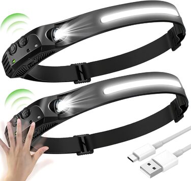 Налобний ліхтар LED перезаряджуваний USB, 350 люмен, 5 режимів, водонепроникний IPX4, для бігу, риболовлі, 2 шт.