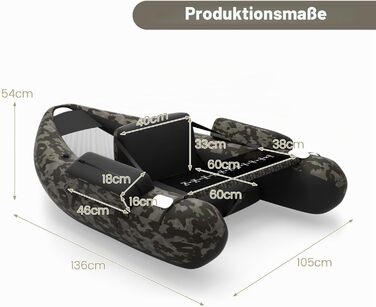 Надувний човен для рибалки HOMASIS Belly Boat з помпою, підставкою для вудок та регульованою спинкою, алюмінієвим веслом та плавцями, навантаження до 160 кг, 136 x 105 x 54 см (Камуфляж)