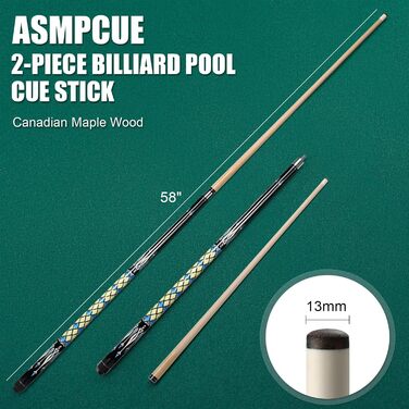 ASMPCUE Більярдний кий 58'' 20oz з чохлом з PU шкіри, канадський клен, 13mm наконечники, для професійних гравців, жовтий