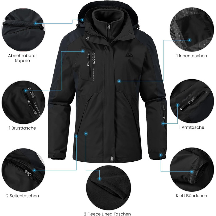 Жіноча куртка 3-в-1 для активного відпочинку: вітро- та водонепроникна з флісовою підкладкою, тепла зимова куртка з капюшоном (Чорний, XXL)