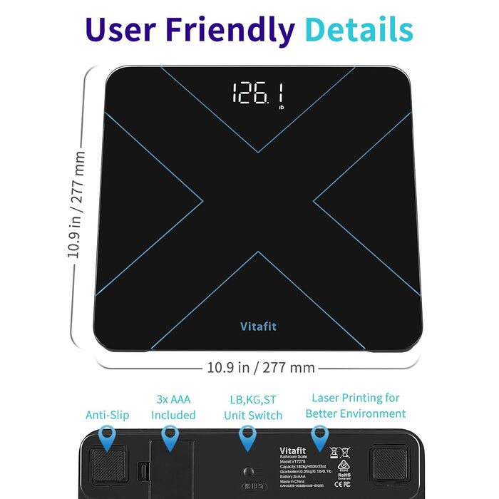 Ваги Vitafit Digital - персональні ваги з вимірюванням ваги та ІМТ, смарт-ваги з підключенням Bluetooth, неслизька платформа, чорного кольору