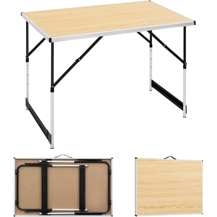 Стіл для кемпінгу, розкладний садовий, робочий, балконний від WOLTU® - регульована висота, алюміній, сталь, МДФ (світлий дуб)