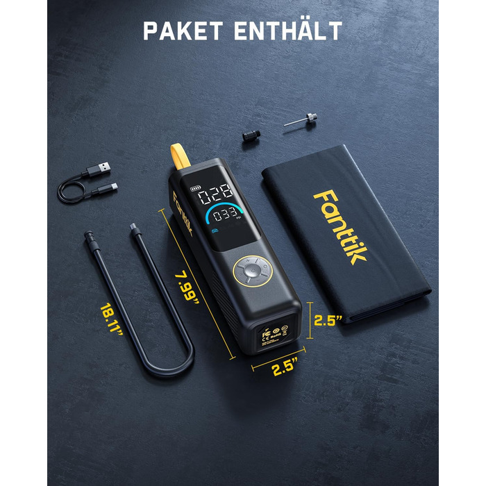 Електричний портативний компресор Fanttik X9 APEX 150 PSI з підсвіткою та Powerbank, швидке накачування шин для авто, мотоциклів, велосипедів і м'ячів