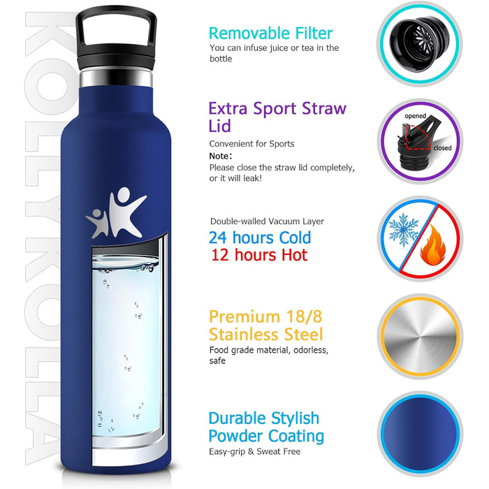 Фляга KollyKolla 750 мл з нержавіючої сталі, ізольована, з трубочкою, без BPA, для газованої води, вакуумна термофляга, фляга для дорослих, універсальна, для спорту, офісу, тренажерного залу, велосипеда, кемпінгу, темно-синій колір