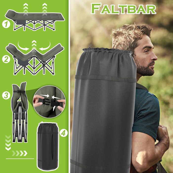 Розкладне ліжко для кемпінгу FIVMEN 185x75 см з матрацом, подушкою та кишенею, до 250 кг, для відпочинку на природі, риболовлі та гостей