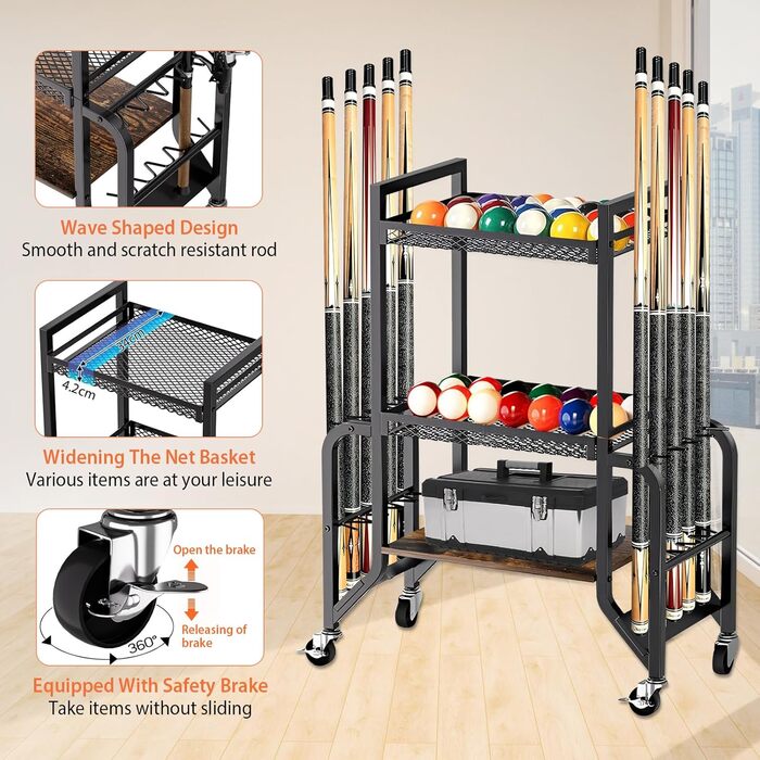 Стійка для більярду на 3 яруси для 10 київ, з 4 колесами (2 з гальмами), для більярдних кімнат, барів, клубів