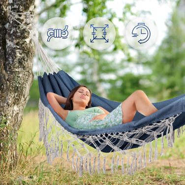 Гамак подвійний 200x150 см, до 200 кг, бавовна, блакитний, Boho стиль, для саду, балкону, тераси, дитячий та дорослий