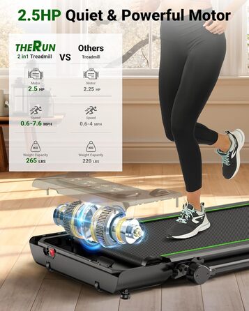 Складана бігова доріжка THERUN для дому та офісу, подвійна амортизація, 2,5 к.с., розширене полотно, тиха, до 12 км/год, сенсорний екран, колір трав'янисто-зелений