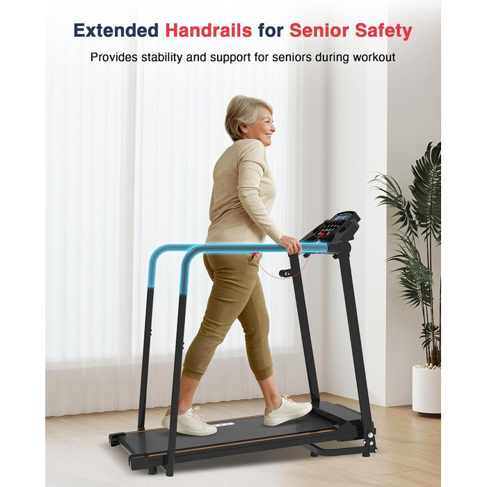 Біговий доріжка Redliro з довгими поручнями для людей похилого віку, до 136 кг, складана, з колесами, тримач для напоїв та телефону, для відновлення вдома або в квартирі