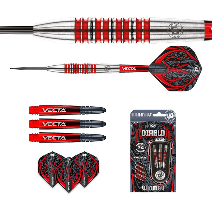 Дротики для дартсу WINMAU Diablo 24г, сталевий наконечник, вольфрам, з крилами та стрижнями, торпедоподібна форма, професійні