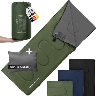 Спальний мішок для кемпінгу з капюшоном до -3°C з подушкою - Зимовий та літній спальний мішок для туризму 3-4 сезони (75 x 220 см) - Гірський спальний мішок для жінок та чоловіків (теплый) (Зелений, 150GSM, без капюшона)