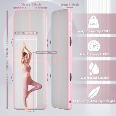 Гімнастичний надувний мат, 3 м, для гімнастики, фітнесу, йоги, бойових мистецтв, пляжу, 10'x3.3'x4' (300x100x10 см), Рожевий