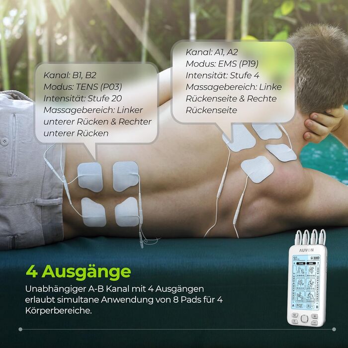 AUVON TENS/EMS масажер для тіла: 24 режими, 10 електродів, зняття болю, терапія, білий
