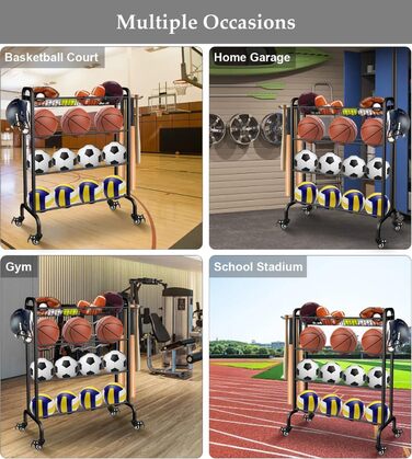Стійка для м'ячів на колесах, 4-ярусна: баскетбол, футбол, волейбол, чорна