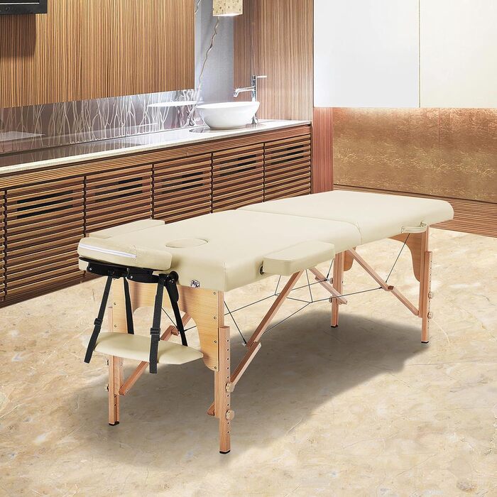 Масажний стіл Yaheetech з 2 зонами, портативний, регульована висота, дерев'яні ніжки, з підголовником та підлокітниками, 213 x 82 x 85,5 см, до 250 кг, кремовий