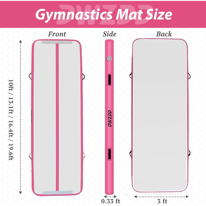 Гімнастичний надувний мат для гімнастики Dwzdd Air Matte, 3/4/5/6 м, 300x100x10 см. Підходить для дітей, дому, фітнес-студії, тренувань, чирлідингу. Біло-розова