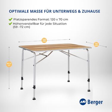 Стіл кемпінговий розкладний BERGER Livenza алюмінієвий 120x70 см, регульована висота, для саду, балкону, тераси
