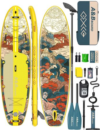SUP дошка ABBOARD надувна 335 см, жовта - для 2 осіб, вантажопідйомність 200 кг, преміум комплект аксесуарів для початківців та сімейного відпочинку