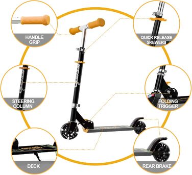 MEE GOO Роликовий самокат для дітей з алюмінію, складний, 3 регульовані висоти, LED колеса, чорний