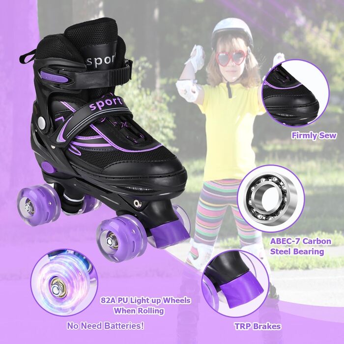 Дитячі ролики DUZSKJ регульовані, з підсвічуванням, для хлопчиків та дівчаток, чорно-фіолетові
