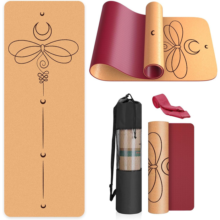 Килимок для йоги з корку Rutschfeste Yoga Matte – Нековзний, з унікальним дизайном, з натурального каучуку TPE, для занять вдома, пілатесу, аеробіки, фітнес-студії та тренувань. Колір: бірюзовий, дизайн: Мандала (Бордо-Калібра)