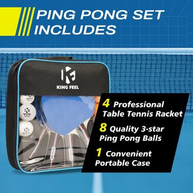 Набір для пінг-понгу: 4 ракетки преміум-класу, 8 м'ячів 3-зірки, чохол. Підходить для гри в приміщенні та на вулиці, блакитний колір
