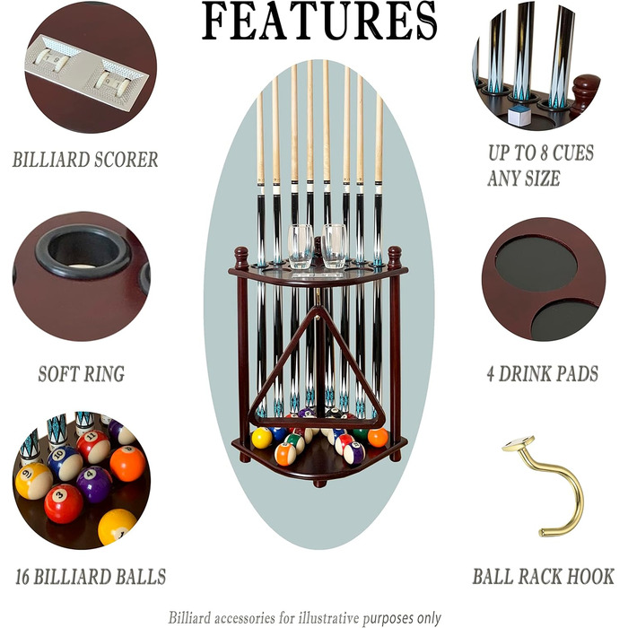 Підставка для київ для більярду на підлозі для 8 київ та аксесуарів, дерев'яна підставка для київ, кутова підставка з гачками та табло (махагон)