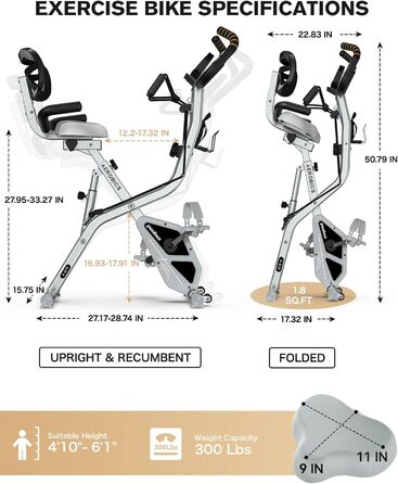 Pooboo Складний велотренажер X-Bike з магнітним опором, датчиком пульсу, тримачем для пляшки, ременями та підтримкою спини для домашнього фітнесу