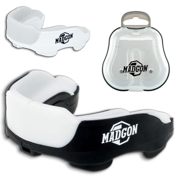 Капа для боксу MADGON Premium – захист зубів для MMA, боксу, кікбоксингу, хокею, футболу. Чорно-біла, з кейсом