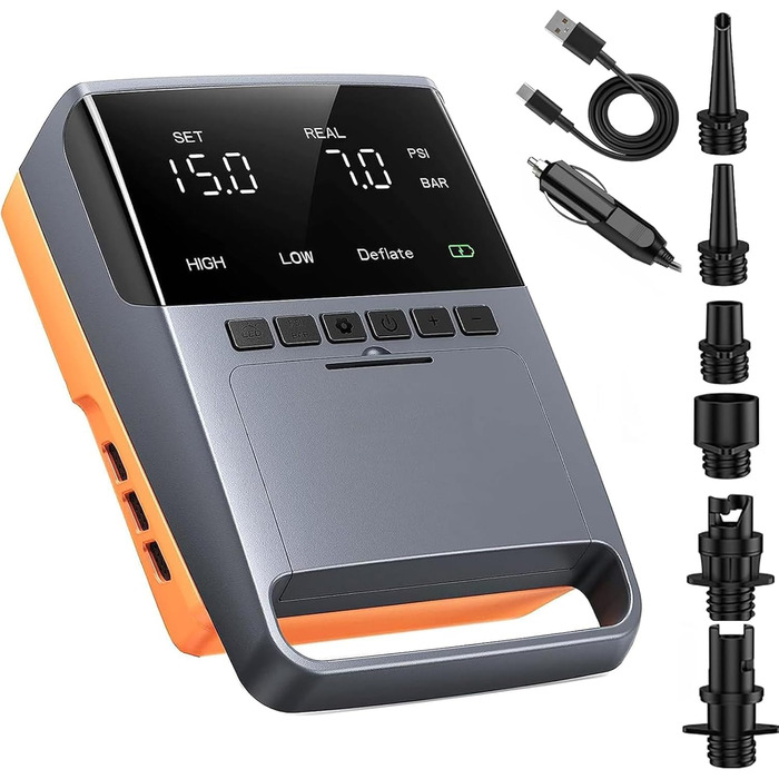 Електрична SUP-насос 13500mAh SUP Pumpe: 20 PSI, 12V DC, Автоматичне вимкнення, 6 насадок для SUP-дошок, матраців, каяків та човнів (Оранжевий)