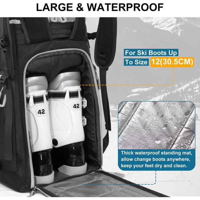 Чохол для лижних черевиків з відділенням для шолома, 65L туристичний рюкзак для лиж, водонепроникний мішок для лиж, сноуборду, лижного спорядження (чорний)