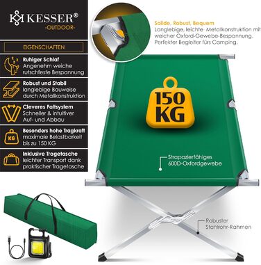 Кемпінгове ліжко KESSER® розкладне, 190/210 см, з сумкою, ліхтарем та кишенею, сталевий каркас, 150 кг, 600D Oxford