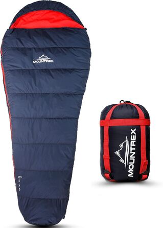 Сплячий мішок MOUNTREX® - Легкий та компактний (760г/1500г) - Outdoor літній спальний мішок (100GSM) / 3-4 сезони (300GSM) - Мумієвидний спальний мішок для кемпінгу, подорожей, фестивалів – Теплий та з'єднуваний (Темно-синій/Червоний, 3 сезони - 1500г (RV Праворуч))