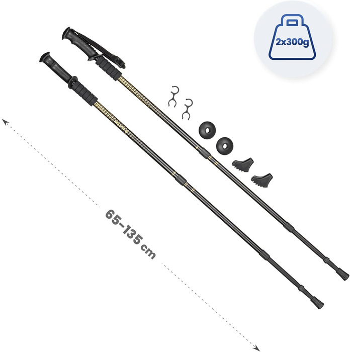 Ультралегкі трекінг-палиці для скандинавської ходьби (Nordic Walking) з гумовими наконечниками, односекційні, 110 або 115 см, чорно-золоті, для жінок та чоловіків