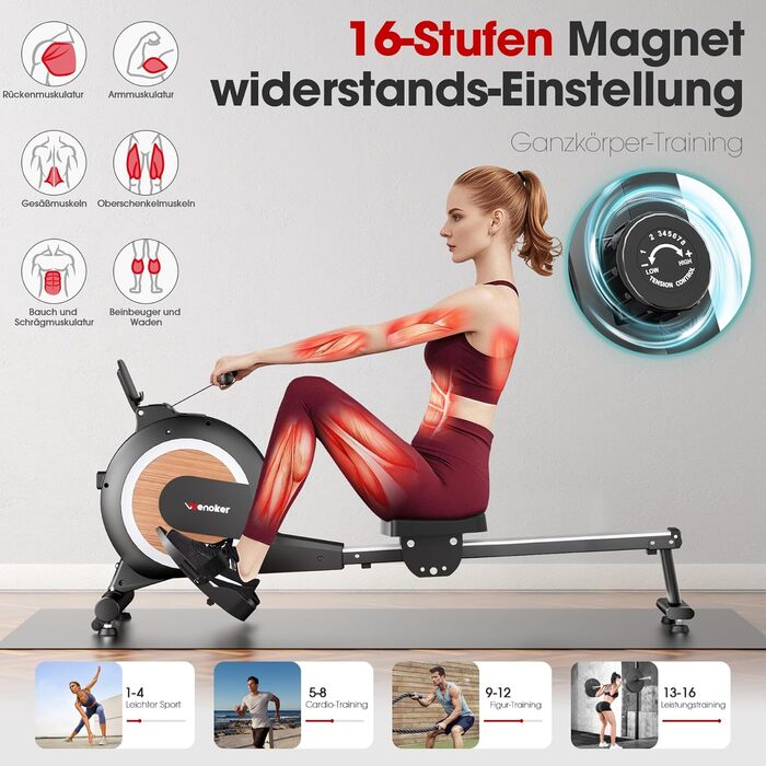 Веномкер тренажер для греблі, магнітний, для дому, 16 рівнів опору, 160 кг, з'єднання з APP, чорний