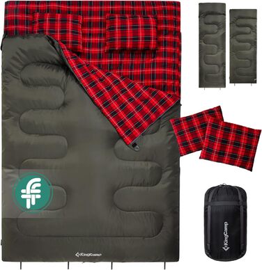 Спальний мішок KingCamp на 2 особи з фланелі, зимовий, для кемпінгу та відпочинку на природі, 3-4 сезони, з 2 подушками, підходить для дітей та дорослих (зелений)