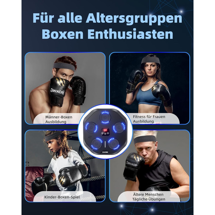 Музична боксмашина Zacro з LED-підсвіткою, розумна боксмашина, настінна, 9 режимів/швидкостей, з рукавичками та повязкою, чорна