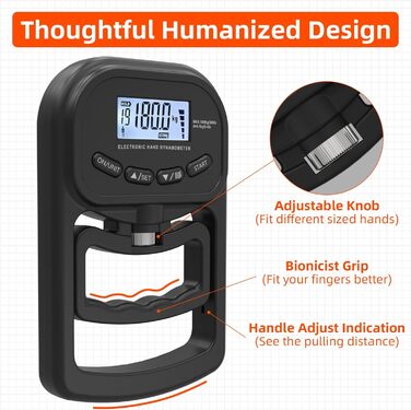 Електронний динамометр для вимірювання сили хвата Griffkrafttrainer, 180 кг, LCD-дисплей, регульований хват, чорний