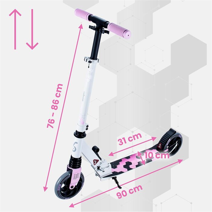 Самокат міський Bergen City Scooter Sonic - алюмінієвий, складаний, колеса PU 145мм, амортизатор, гальмо заднє, регулювання висоти, для дітей від 5 років, легкий, наклейка на деку (білий, чорний, рожевий)