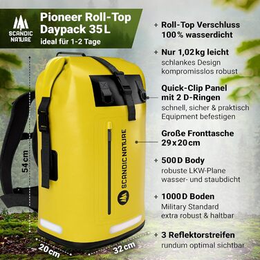 SCANDIC NATURE PIONEER: Водонепроникний рюкзак з ролтоп закриттям 35/55L, чорний, жовтий, оливково-зелений. Міцний завдяки дну з 1000D PVC тканини, водонепроникний чохол для телефону IPX8, 3 світловідбивачі.