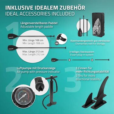 Надувна SUP-дошка ECD Germany Makani 305–380 см, PVC, до 150 кг, товщина 10/15 см, з сидінням для каяка, комплект сумка, весло, зелена