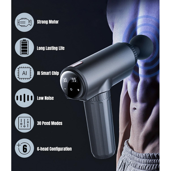 Масажер Lefity з 30 швидкостями та 6 насадками: для шиї, плечей, спини. USB-C зарядка. Зелений/Темно-сірий