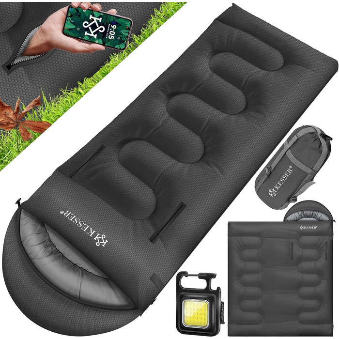 Спальний мішок KESSER® Outdoor для кемпінгу | 3-4 сезони | Підходить для дорослих та дітей | Легкий, теплий, водовідштовхуючий | З лампою та кишенею (Антрацит, 220 x 83 см)