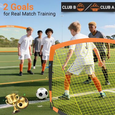 Ворота для футболу Dimples Excel Pop-Up – розкладні для дітей | 1 або 2 шт. в розмірах 120x90 / 152x110 / 213x152 см | 3 кольори на вибір | Опційно з м'ячем, насосом, конусами та мішенню | Для саду та подарунка (2-213x152 помаранчевий+аксесуари)