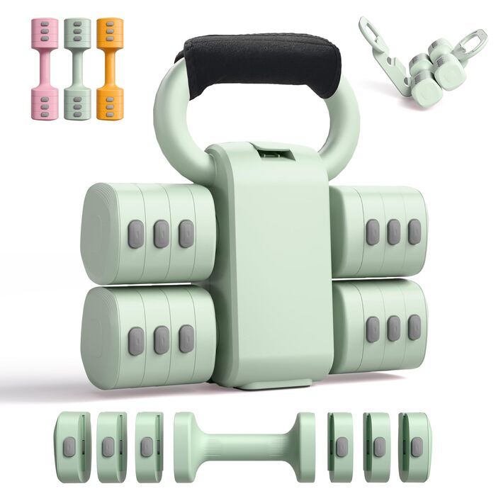 Набір гантелей 2-в-1: регульовані гантелі та м'ячики-гантелі, 4 ступені зміни ваги (1-2.5 кг), для жінок, домашні тренування, з антиковзаючим кріпленням. Зелений колір.