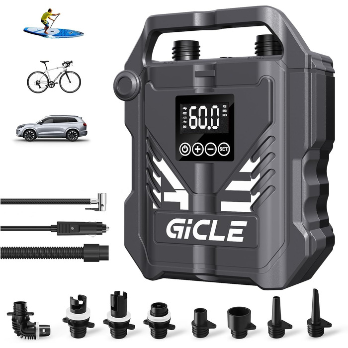 Насос для SUP GICLE 60PSI: електричний, двоступеневий, для падлбордів, шин, човнів, наметів (модель з покращеннями)